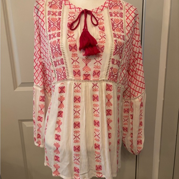 Sundance pink and white patterned flowy long sleeve boho blouse size M - Picture 2 of 16